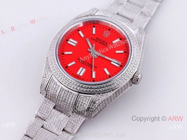 Swiss Quality Rolex Iced Out Oyster Perpetual 41 Copy Watch Coral Red Dial Swiss Quality Rolex Iced Out Oyster Perpetual 41 Copy Watch Coral Red Dial