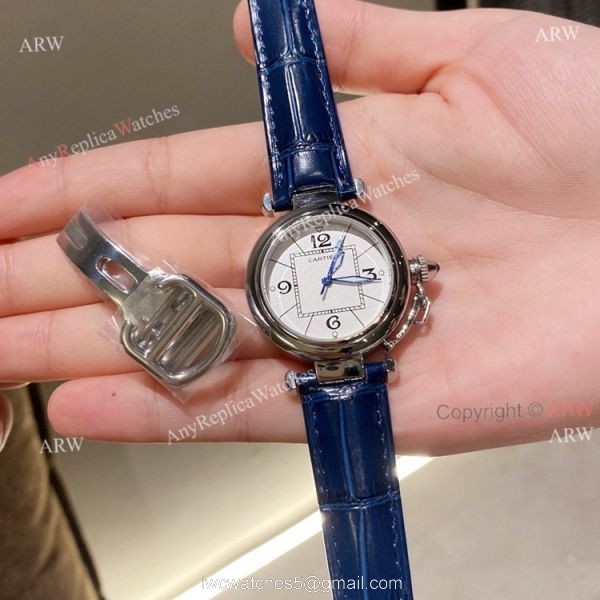 New Pasha De Cartier Watch 35mm white face blue leather strap replica New Pasha De Cartier Watch 35mm white face blue leather strap replica