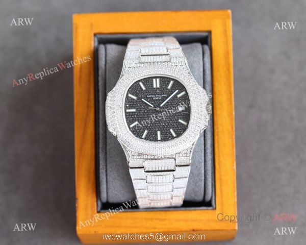 Swiss Grade One Patek Philippe Iced Out Nautilus 9015 Watch BlackSilver Diamond Swiss Grade One Patek Philippe Iced Out Nautilus 9015 Watch BlackSilver Diamond