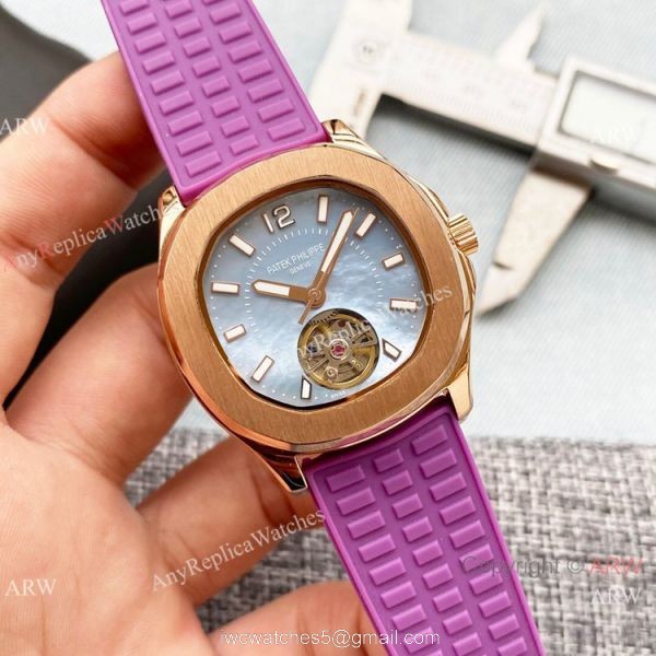 Clone Patek Philippe Lady Tourbillon Diamond Bezel Purple Rubber Strap 35mm Clone Patek Philippe Lady Tourbillon Diamond Bezel Purple Rubber Strap 35mm