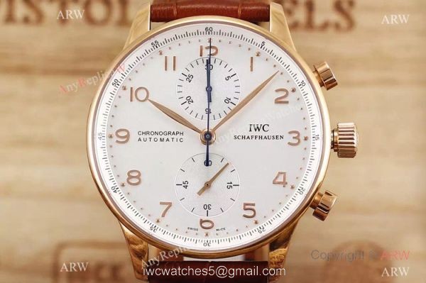 Fake IWC Portuguese Rose Gold Chronograph Watch Black Leather Band