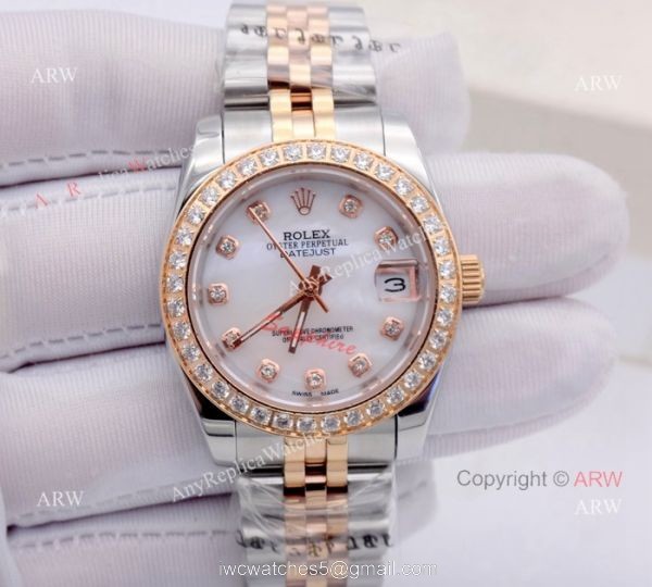 Copy Rolex Datejust Diamond Dial 2-Tone Rose Gold Jubilee White MOP Watch for Woman 31mm