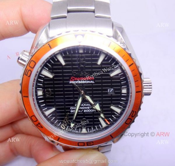 Replica Omega Watches Seamaster Planet Ocean 007 Watch with Orange Bezel