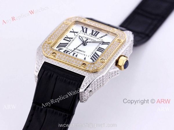 Iced Out Cartier Santos Watch Two Tone Case Automatic Movement