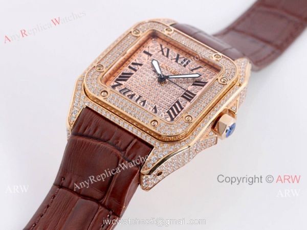 Iced Out Cartier Santos Diamond Watch Automatic Brown Leather Strap