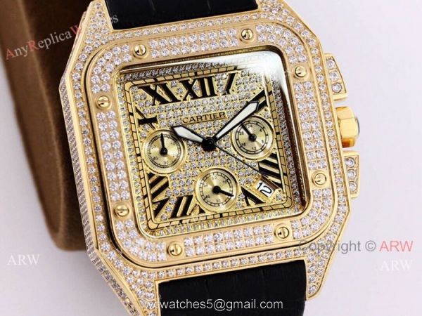 Knockoff Cartier Santos De Chronograph Iced Out Watch 45mm Men