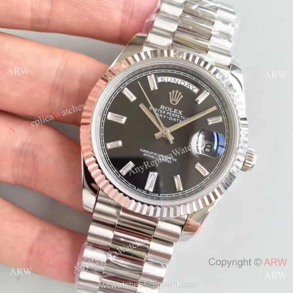 Rolex Day-Date II Watch Replica Stainless Steel Black Face Diamond Markers