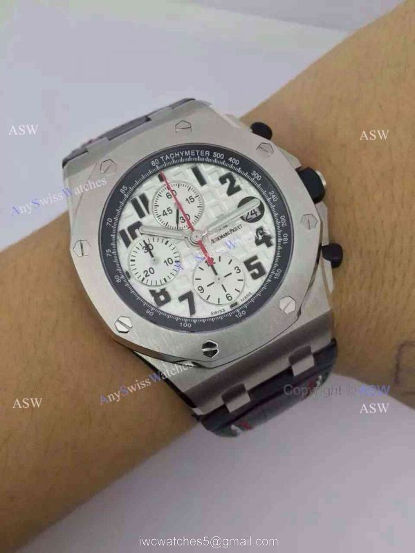Swiss Audemars Piguet Pride of Mexico Replica Watch SS White Chronograph Black Leather