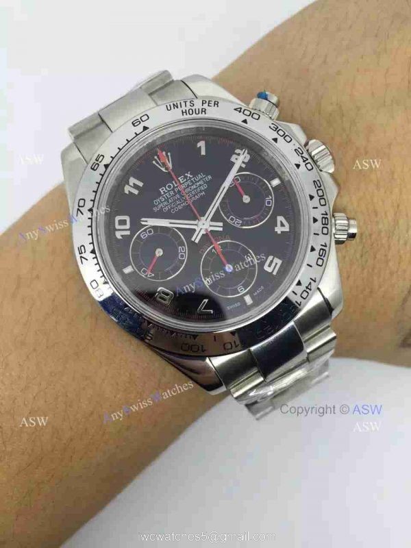 Copy Swiss Rolex Daytona Valjoux 7750 Watch SS Black Arabic