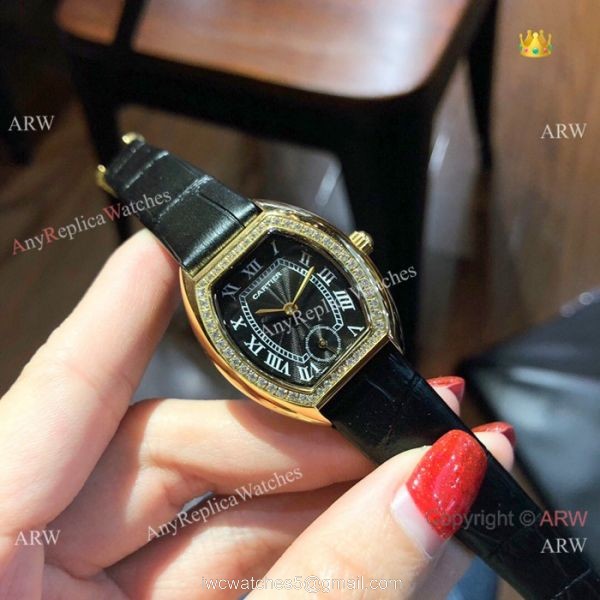 Low Price Cartier Rose Gold Gray Leather Band Ladies Watch 26mm