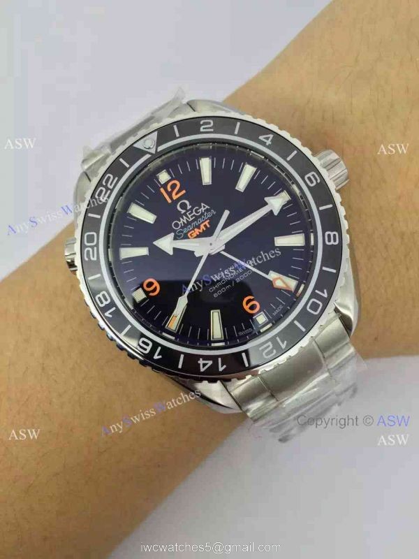 Knockoff Swiss Omega Seamaster GMT Watch Black Face / Orange Arabic