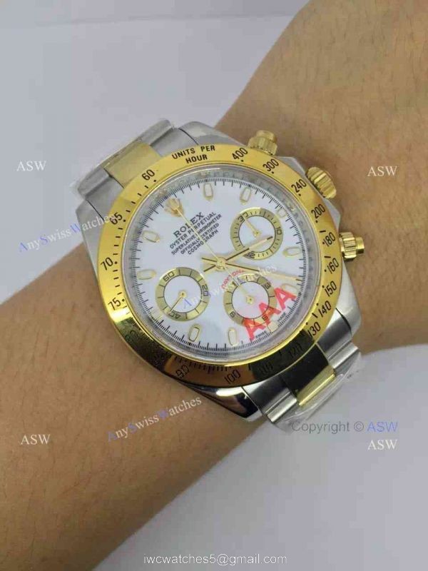 Copy Swiss Grade Rolex Valjoux 7750 Daytona Watch 2-Tone White Dial