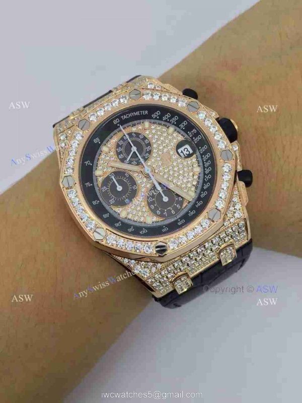 Replica Audemars Piguet Watch Rose Gold Case diamond dial diamond bezel Black Leather