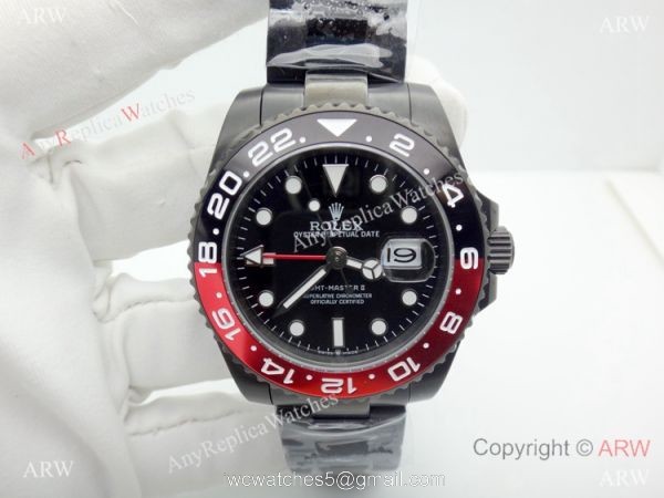 All Black Rolex Replica GMT-MASTER II Watch / Red Black Ceramic Bezel