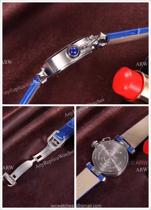 Best AAA Cartier Pasha Copy Watch SS Blue Dial Blue Leather 28mm