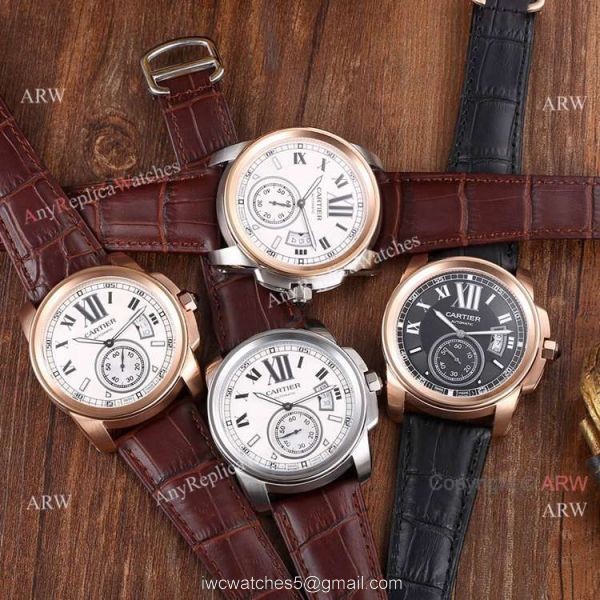 Replica Cartier Calibre de Cartier Men Watches SS Black Leather Strap