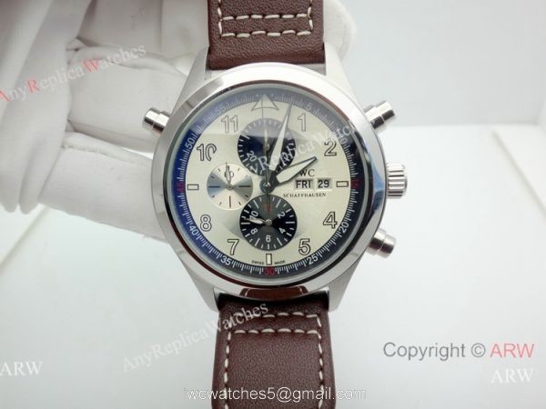 Copy Iwc Pilot Spitfire Chronograph White Dial Brown Leather Strap
