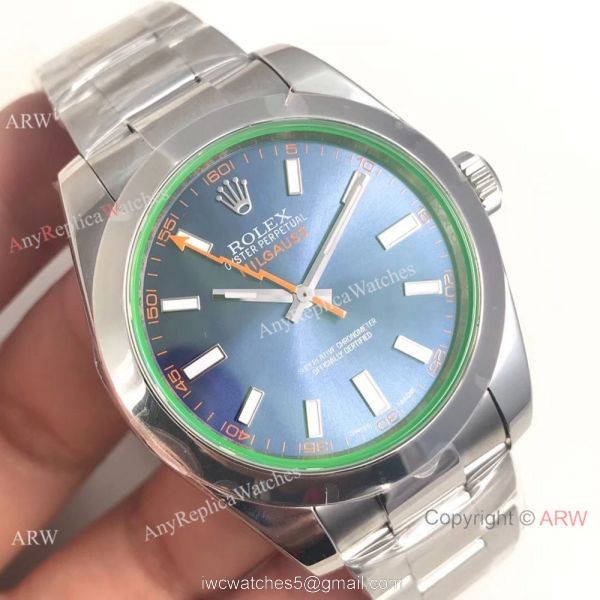 AR Replica Rolex Oyster Perpetual Milgauss SS Blue Dial watch SWISS 3131