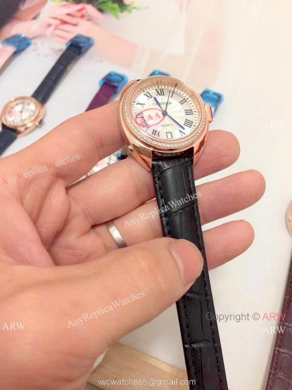 Fake Cle de Cartier Roman Dial Rose Gold Diamond watch Women Size