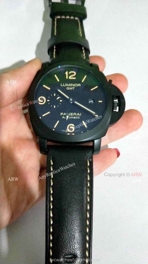 Clone Panerai Luminor GMT PAM00320 Black Steel Watch Orange Markers
