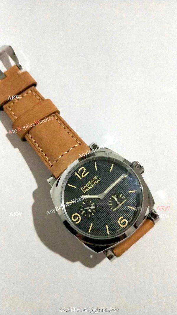 Copy Panerai Radiomir Power Reserve Watch SS Black Stripe Dial with Brown Leather Band