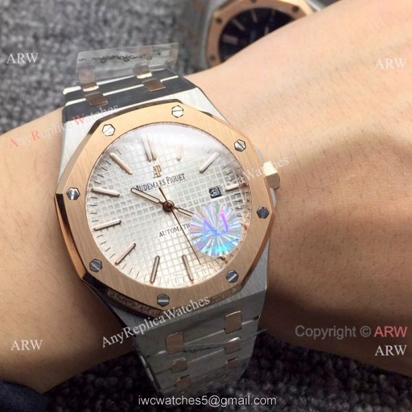 Newest Fake Audemars Piguet Royal Oak Watch Two Tone Rose Gold Silver Dial