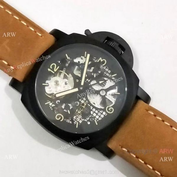 Best Quality Panerai Black Hollow Watch 47mm Brown Leather Strap
