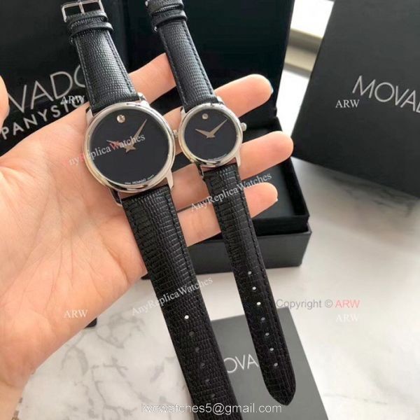 New Replica MOVADO Quartz Lovers Watch SS Black Leather Strap