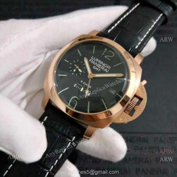 New Replica Panerai Luminor GMT power reserve Watch Rose Gold Green Markers