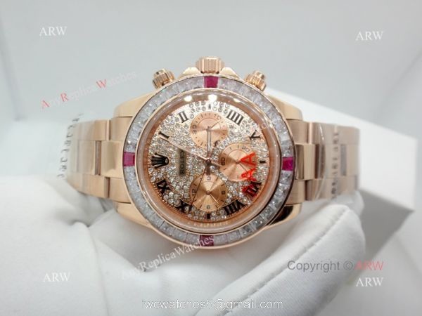 Fake Rolex with Diamond Bezel Daytona Rose Gold Diamond Face Watch