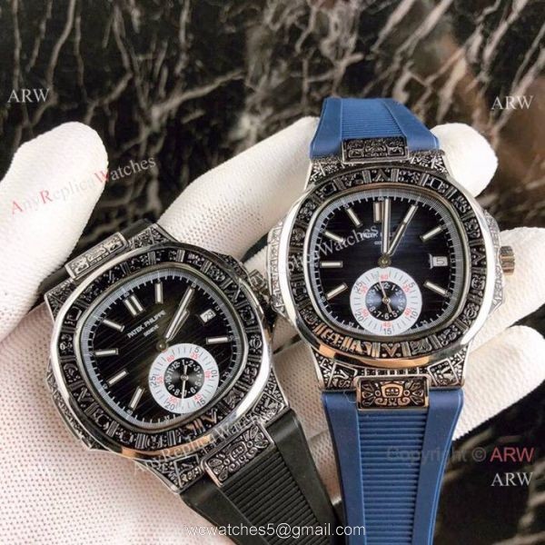 Fake Patek Philippe Engraving Nautilus Blue Rubber Strap Blue Dial