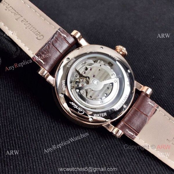 Copy Rotonde de Cartier Moonphase Watches Rose Gold Leather Strap