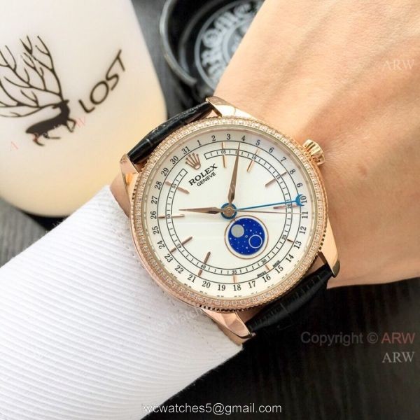 Baselworld Replica Rolex Cellini Moon phase Watches Rose Gold Blue Stick