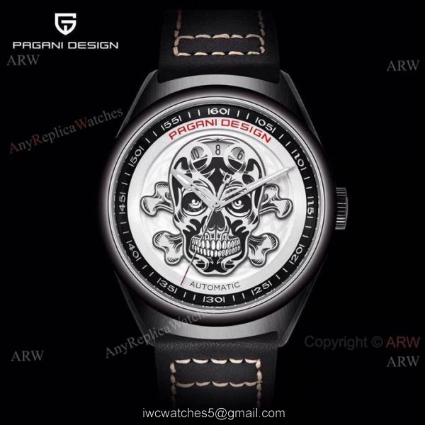 Pagani Design PVD Black Steel Watch White Skull Face