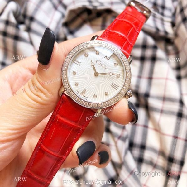 Japan Grade Replica Cartier SS Gray Leather Strap Watch