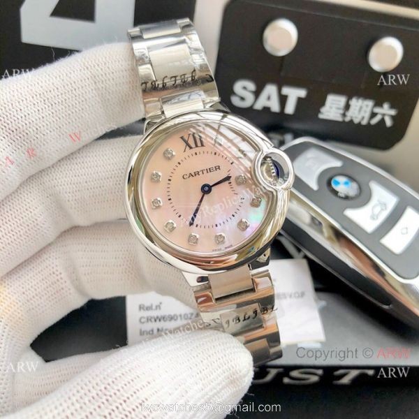 Ballon Bleu Cartier Quartz watch Copy Stainless Steel White Mop Face 33mm