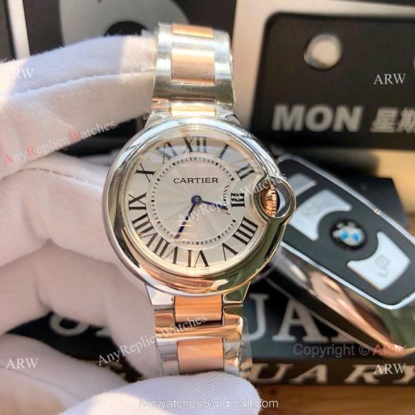 Cartier Ballon Bleu 33mm 2-Tone Rose Gold Silver Dial Womens Fake Cartier Watch