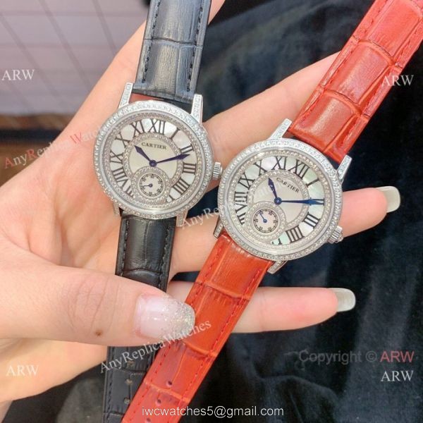 Fashion Cartier Watch Lady Diamond Bezel Black Leather Strap