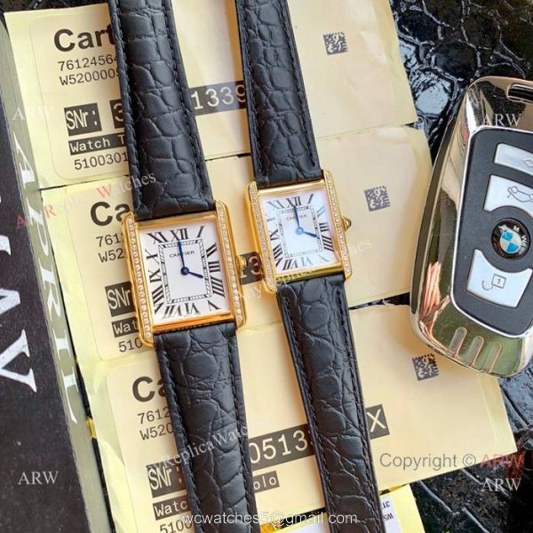 New Copy Cartier Tank Solo Watches Gold Case Diamond Bezel