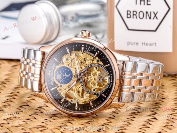 Copy Jaeger Lecoultre Skeleton Moon Phase Two Tone Rose Gold Watch