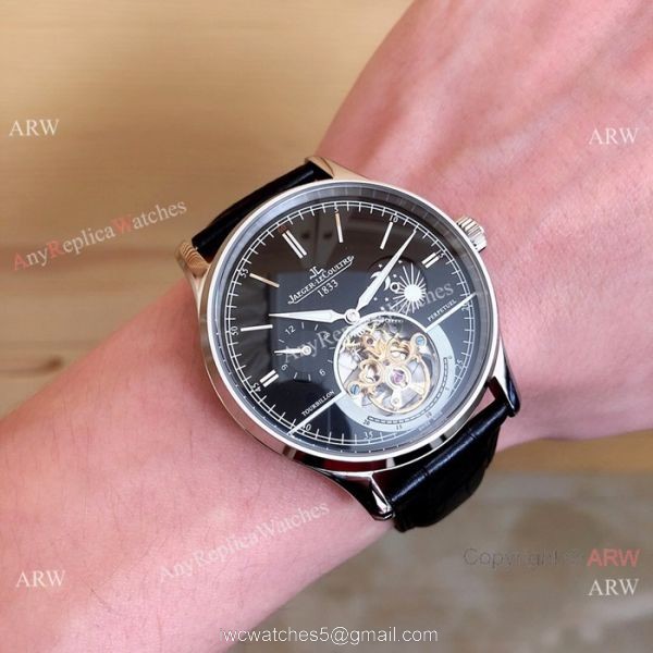 Fake Jaeger LeCoultre Master Tourbillon Moonphase Watch Black Leather Band