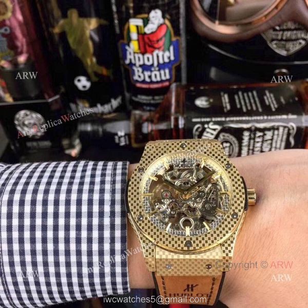 Copy Hublot Classic Fusion Watches Skeleton Dial Black Rubber Strap