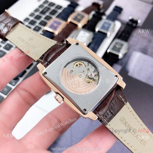 Patek Philippe Gondolo Moonphase Mens Watch SS Black Leather Strap