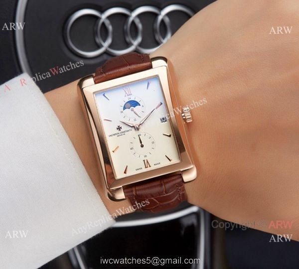 Clone Vacheron Constantin Moonphase Watch Rose Gold Brown Leather Strap