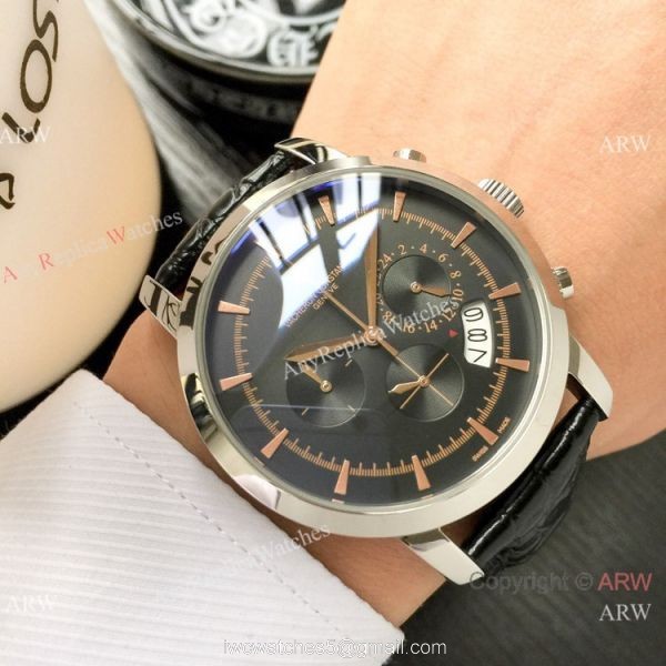 Best Copy Vacheron Constantin Chronograph Watch Silver Dial Black Leather strap