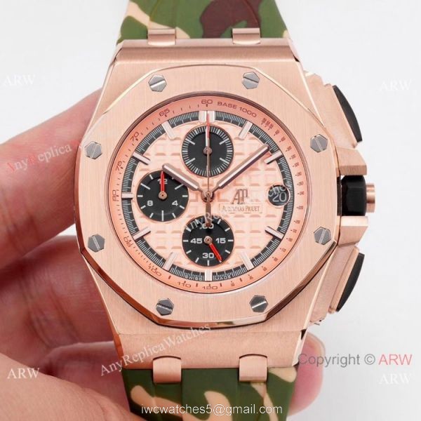 44mm Audemars Piguet Royal Oak Offshore Replica Watch Rose Gold Camouflage Strap