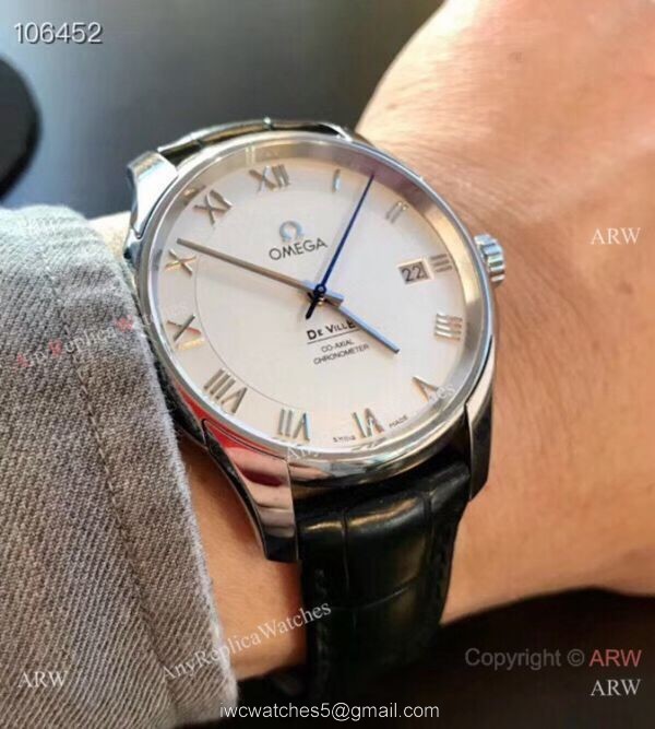 Swiss Grade 1 Omega De Ville Co Axial White Dial Leather Strap Watch VS Factory