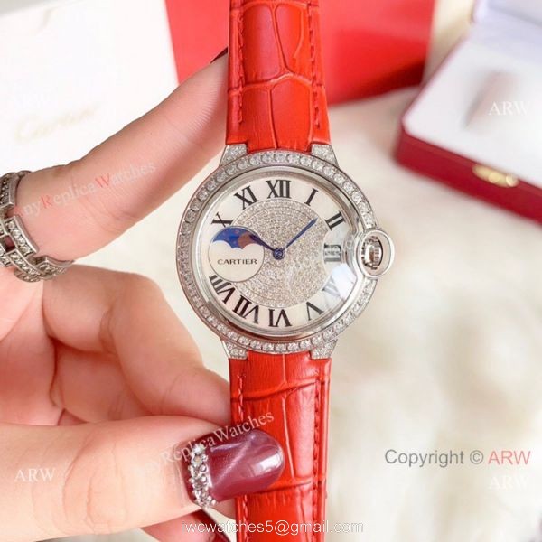 Ballon Bleu de Cartier 36mm Replica Watches Gold Diamond Green Leather Band
