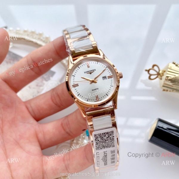 Copy Longines Quartz watches White Ceramic Rose Gold Sapphire glass