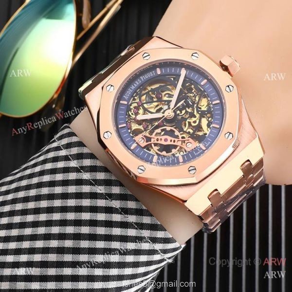 High Quality Fake AP Skeleton Royal Oak Rose Gold Black Dial Watch